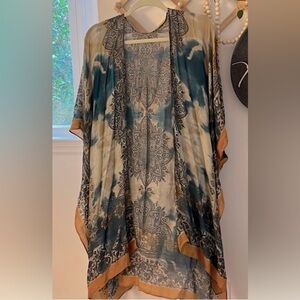Anthropologie Bohemian Teal and Cream Beach Cover-Up with Tan Trim
